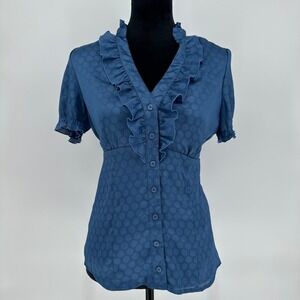 Y2K AGB Blue Polka Dot Ruffle V-Neck Poplin Short Sleeve Blouse Top Medium